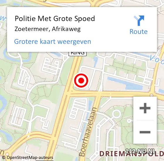 Locatie op kaart van de 112 melding: Politie Met Grote Spoed Naar Zoetermeer, Afrikaweg op 19 april 2024 08:18