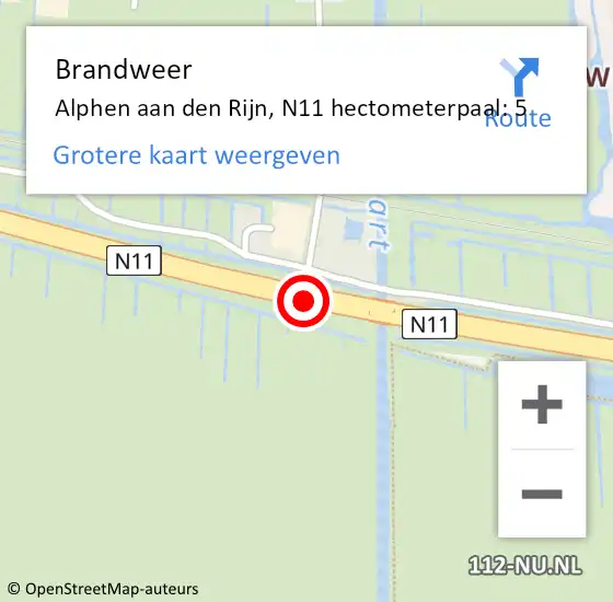 Locatie op kaart van de 112 melding: Brandweer Alphen aan den Rijn, N11 hectometerpaal: 5 op 19 april 2024 10:31