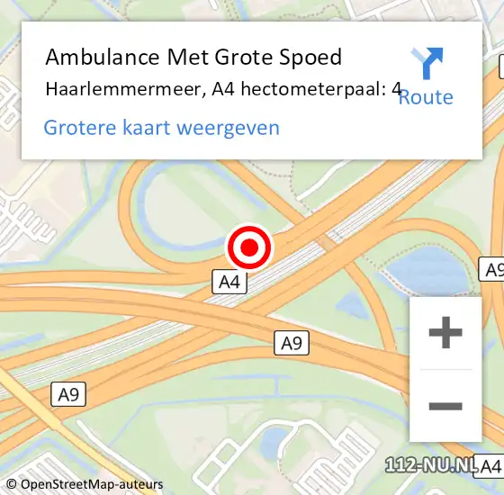 Locatie op kaart van de 112 melding: Ambulance Met Grote Spoed Naar Haarlemmermeer, A4 hectometerpaal: 4 op 19 april 2024 11:40