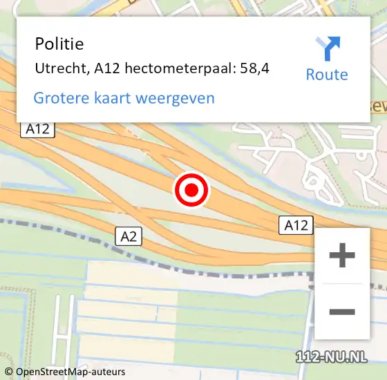Locatie op kaart van de 112 melding: Politie Utrecht, A12 hectometerpaal: 58,4 op 19 april 2024 12:47