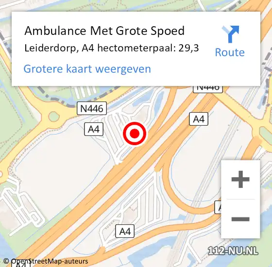 Locatie op kaart van de 112 melding: Ambulance Met Grote Spoed Naar Leiderdorp, A4 hectometerpaal: 29,3 op 19 april 2024 13:55
