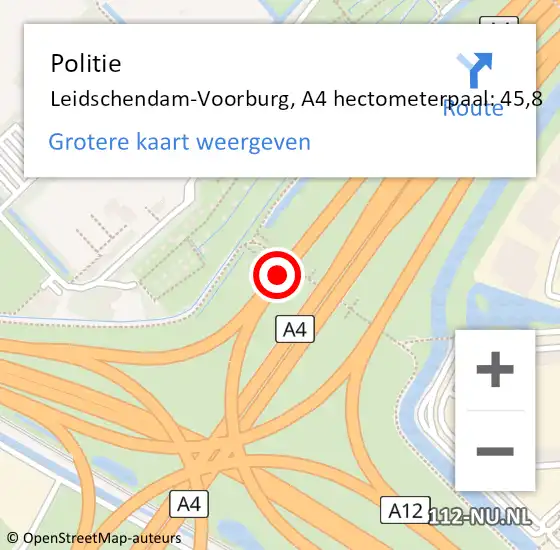Locatie op kaart van de 112 melding: Politie Leidschendam-Voorburg, A4 hectometerpaal: 45,8 op 19 april 2024 14:24