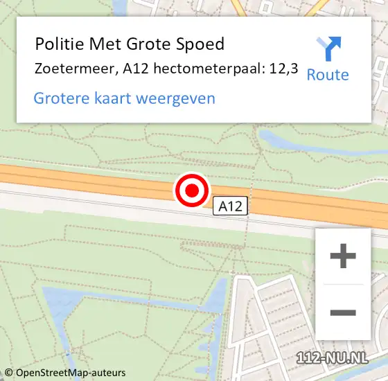 Locatie op kaart van de 112 melding: Politie Met Grote Spoed Naar Zoetermeer, A12 hectometerpaal: 12,3 op 19 april 2024 15:26