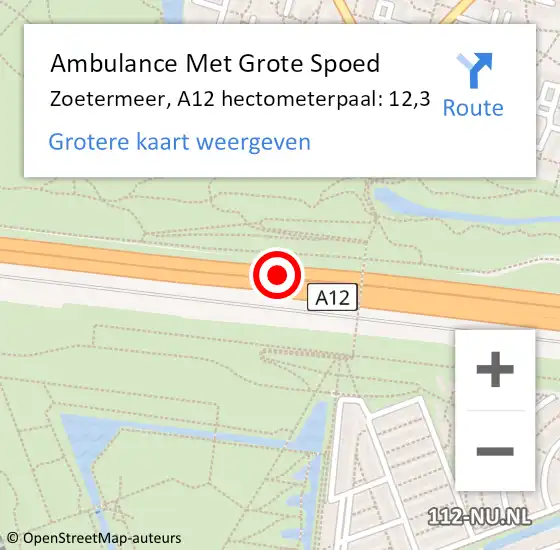 Locatie op kaart van de 112 melding: Ambulance Met Grote Spoed Naar Zoetermeer, A12 hectometerpaal: 12,3 op 19 april 2024 15:37
