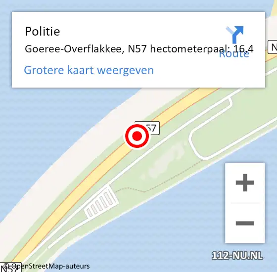 Locatie op kaart van de 112 melding: Politie Goeree-Overflakkee, N57 hectometerpaal: 16,4 op 19 april 2024 16:30