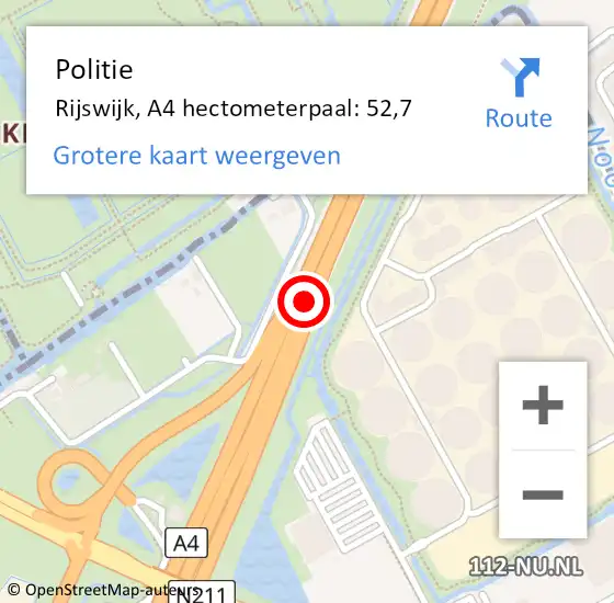 Locatie op kaart van de 112 melding: Politie Rijswijk, A4 hectometerpaal: 52,7 op 19 april 2024 16:50