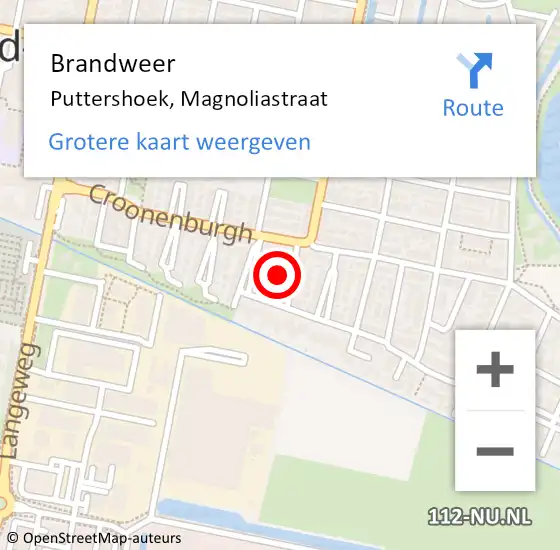 Locatie op kaart van de 112 melding: Brandweer Puttershoek, Magnoliastraat op 19 april 2024 16:57