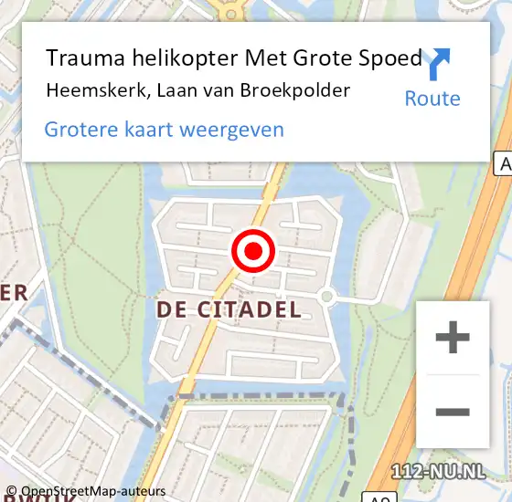 Locatie op kaart van de 112 melding: Trauma helikopter Met Grote Spoed Naar Heemskerk, Laan van Broekpolder op 19 april 2024 17:00