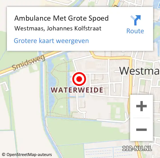 Locatie op kaart van de 112 melding: Ambulance Met Grote Spoed Naar Westmaas, Johannes Kolfstraat op 19 april 2024 18:31