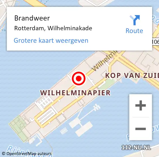 Locatie op kaart van de 112 melding: Brandweer Rotterdam, Wilhelminakade op 19 april 2024 19:34
