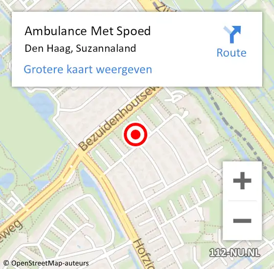 Locatie op kaart van de 112 melding: Ambulance Met Spoed Naar Den Haag, Suzannaland op 19 april 2024 20:21