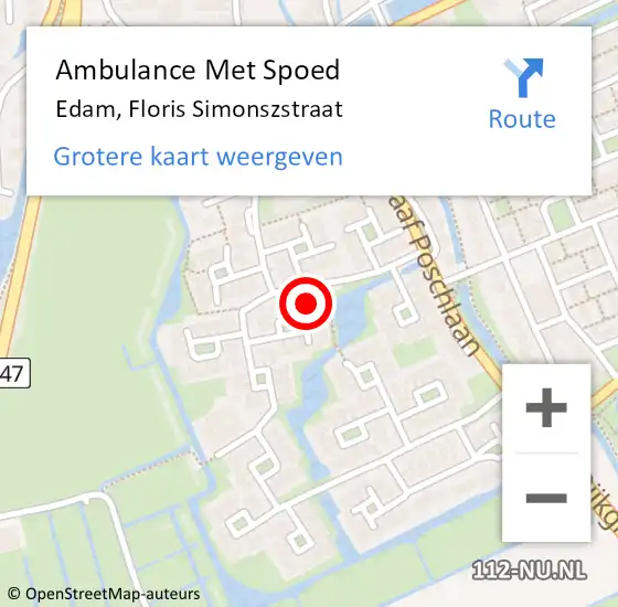 Locatie op kaart van de 112 melding: Ambulance Met Spoed Naar Edam, Floris Simonszstraat op 19 april 2024 21:43