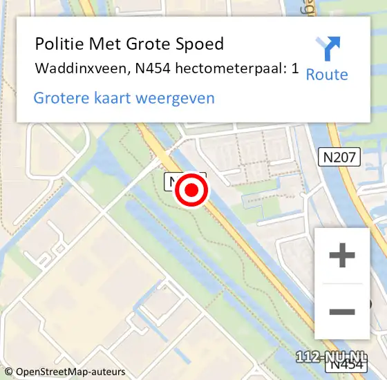 Locatie op kaart van de 112 melding: Politie Met Grote Spoed Naar Waddinxveen, N454 hectometerpaal: 1 op 20 april 2024 00:10