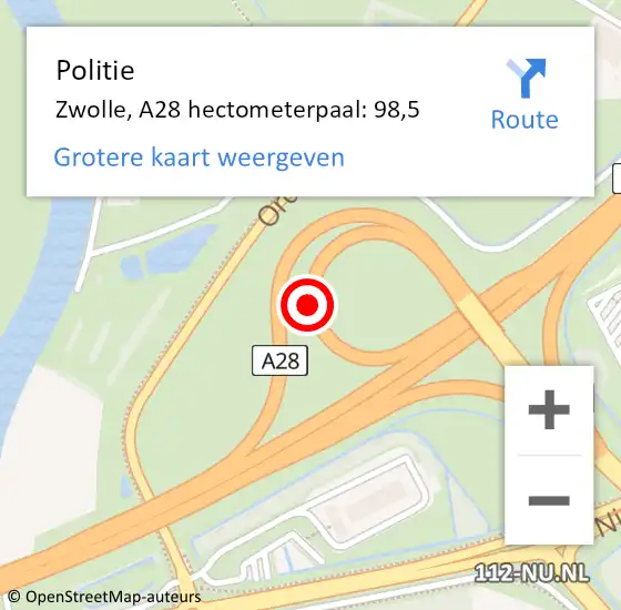 Locatie op kaart van de 112 melding: Politie Zwolle, A28 hectometerpaal: 98,5 op 20 april 2024 04:36