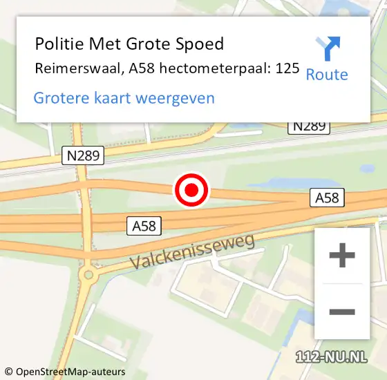 Locatie op kaart van de 112 melding: Politie Met Grote Spoed Naar Reimerswaal, A58 hectometerpaal: 125 op 20 april 2024 04:55