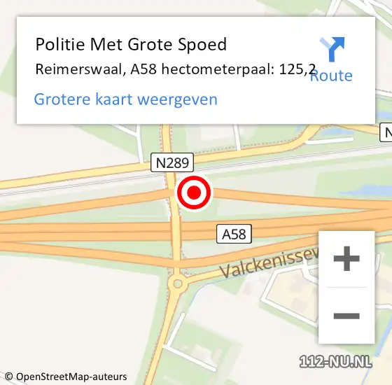 Locatie op kaart van de 112 melding: Politie Met Grote Spoed Naar Reimerswaal, A58 hectometerpaal: 125,2 op 20 april 2024 04:56