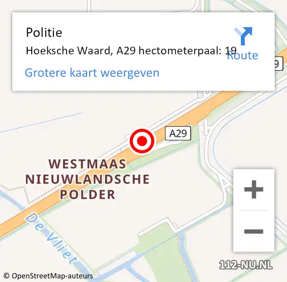Locatie op kaart van de 112 melding: Politie Hoeksche Waard, A29 hectometerpaal: 19 op 20 april 2024 08:01