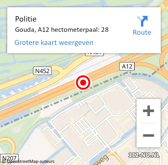 Locatie op kaart van de 112 melding: Politie Gouda, A12 hectometerpaal: 28 op 20 april 2024 11:51