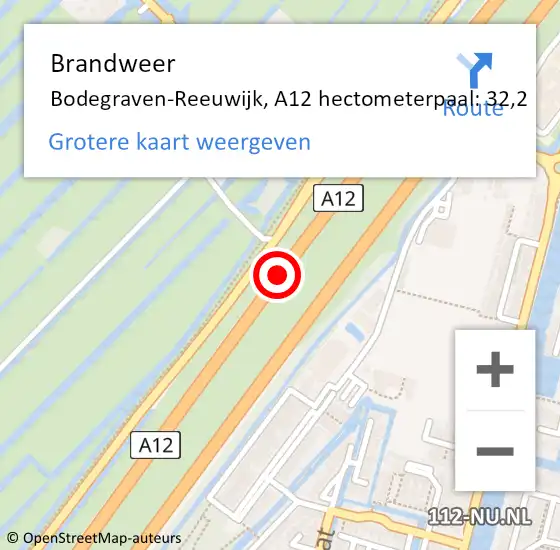Locatie op kaart van de 112 melding: Brandweer Bodegraven-Reeuwijk, A12 hectometerpaal: 32,2 op 20 april 2024 13:12