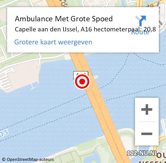 Locatie op kaart van de 112 melding: Ambulance Met Grote Spoed Naar Capelle aan den IJssel, A16 hectometerpaal: 20,8 op 20 april 2024 13:29