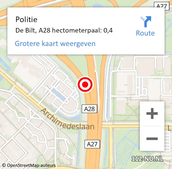 Locatie op kaart van de 112 melding: Politie De Bilt, A28 hectometerpaal: 0,4 op 20 april 2024 13:40