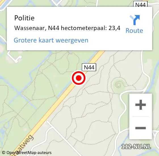 Locatie op kaart van de 112 melding: Politie Wassenaar, N44 hectometerpaal: 23,4 op 20 april 2024 16:07