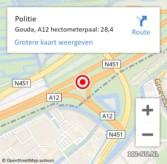 Locatie op kaart van de 112 melding: Politie Gouda, A12 hectometerpaal: 28,4 op 20 april 2024 17:31