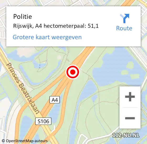 Locatie op kaart van de 112 melding: Politie Rijswijk, A4 hectometerpaal: 51,1 op 20 april 2024 18:17