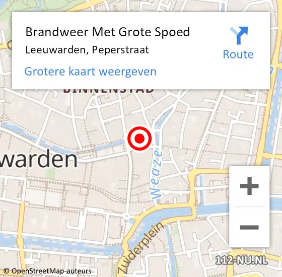 Locatie op kaart van de 112 melding: Brandweer Met Grote Spoed Naar Leeuwarden, Peperstraat op 20 april 2024 20:33