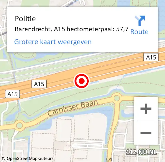 Locatie op kaart van de 112 melding: Politie Barendrecht, A15 hectometerpaal: 57,7 op 20 april 2024 21:09