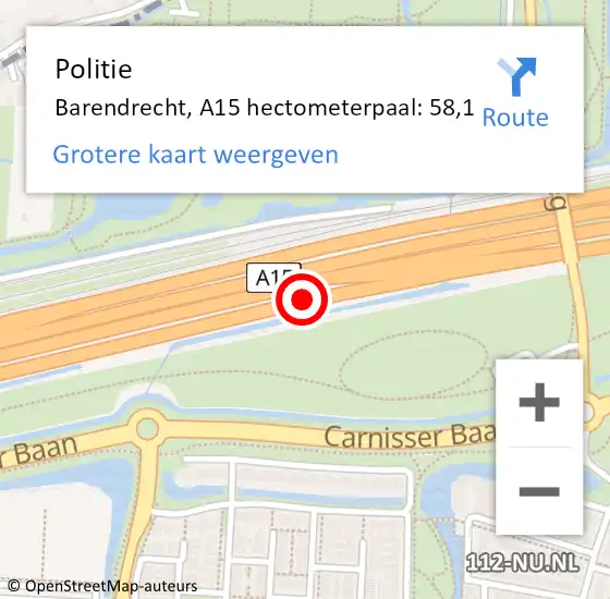 Locatie op kaart van de 112 melding: Politie Barendrecht, A15 hectometerpaal: 58,1 op 20 april 2024 21:13