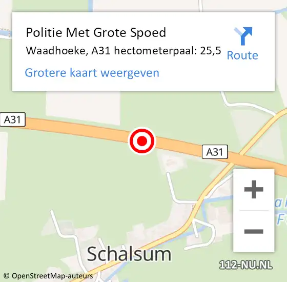 Locatie op kaart van de 112 melding: Politie Met Grote Spoed Naar Waadhoeke, A31 hectometerpaal: 25,5 op 20 april 2024 21:36