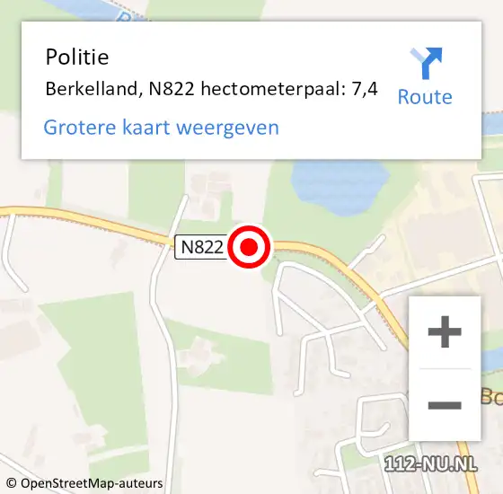 Locatie op kaart van de 112 melding: Politie Berkelland, N822 hectometerpaal: 7,4 op 21 april 2024 00:06