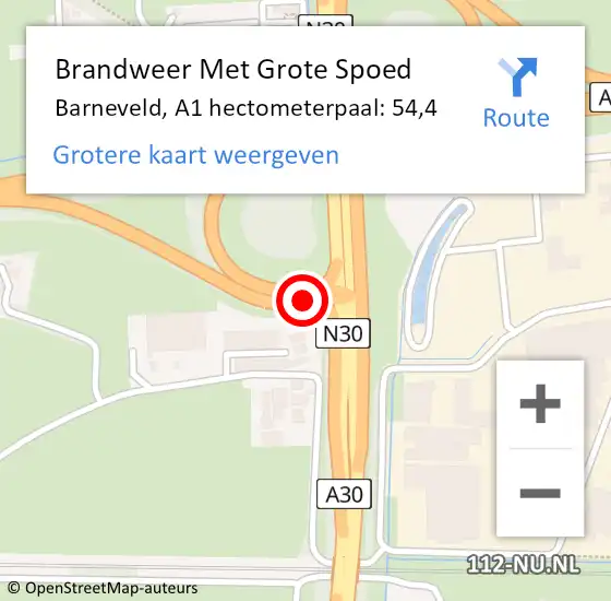 Locatie op kaart van de 112 melding: Brandweer Met Grote Spoed Naar Barneveld, A1 hectometerpaal: 54,4 op 21 april 2024 04:19