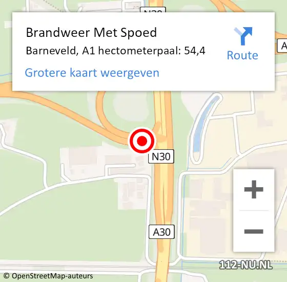 Locatie op kaart van de 112 melding: Brandweer Met Spoed Naar Barneveld, A1 hectometerpaal: 54,4 op 21 april 2024 04:50