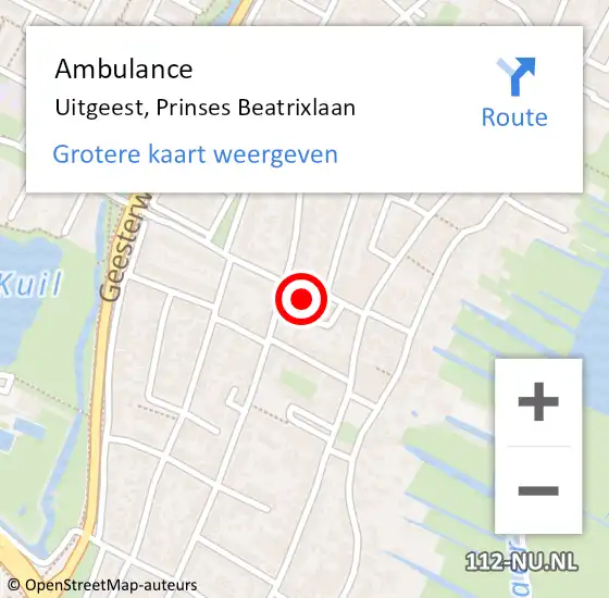 Locatie op kaart van de 112 melding: Ambulance Uitgeest, Prinses Beatrixlaan op 21 april 2024 12:29