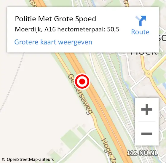 Locatie op kaart van de 112 melding: Politie Met Grote Spoed Naar Moerdijk, A16 hectometerpaal: 50,5 op 21 april 2024 16:47