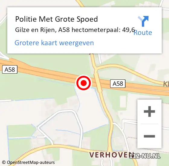 Locatie op kaart van de 112 melding: Politie Met Grote Spoed Naar Gilze en Rijen, A58 hectometerpaal: 49,6 op 21 april 2024 18:10