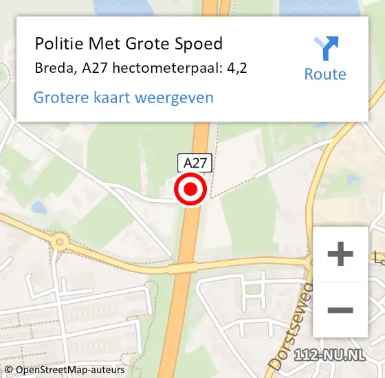 Locatie op kaart van de 112 melding: Politie Met Grote Spoed Naar Breda, A27 hectometerpaal: 4,2 op 21 april 2024 19:03
