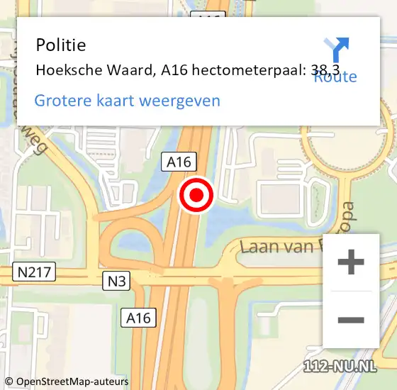 Locatie op kaart van de 112 melding: Politie Hoeksche Waard, A16 hectometerpaal: 38,3 op 21 april 2024 21:32