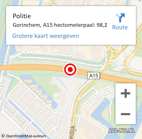 Locatie op kaart van de 112 melding: Politie Gorinchem, A15 hectometerpaal: 98,2 op 21 april 2024 21:54