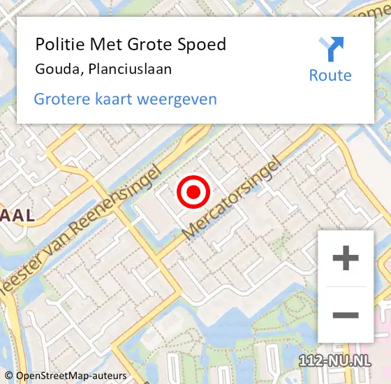 Locatie op kaart van de 112 melding: Politie Met Grote Spoed Naar Gouda, Planciuslaan op 21 april 2024 23:04