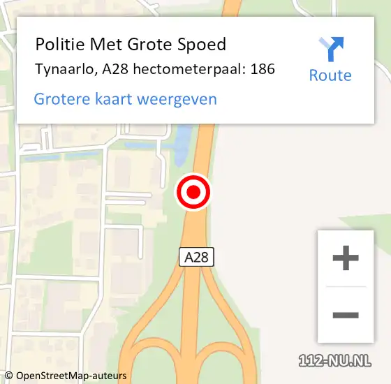 Locatie op kaart van de 112 melding: Politie Met Grote Spoed Naar Tynaarlo, A28 hectometerpaal: 186 op 22 april 2024 06:52