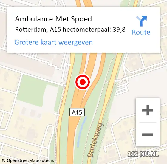 Locatie op kaart van de 112 melding: Ambulance Met Spoed Naar Rotterdam, A15 hectometerpaal: 39,8 op 22 april 2024 07:26