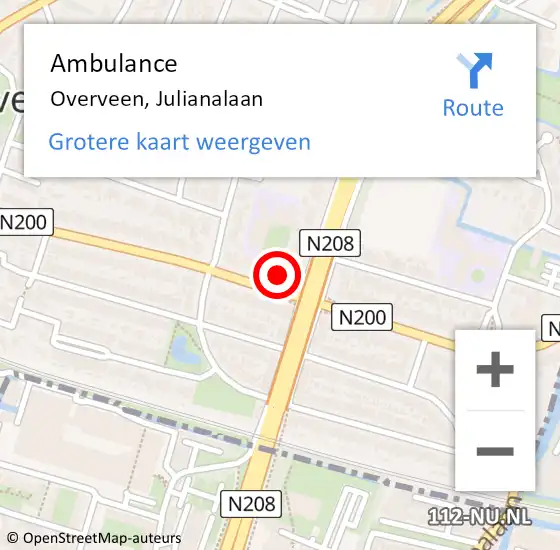 Locatie op kaart van de 112 melding: Ambulance Overveen, Julianalaan op 22 april 2024 08:18