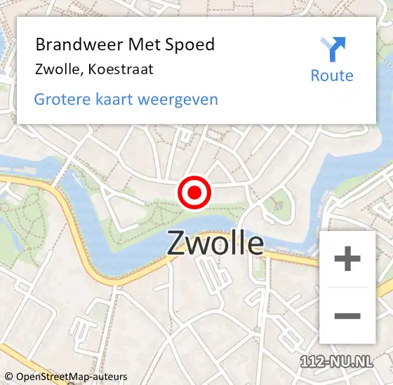 Locatie op kaart van de 112 melding: Brandweer Met Spoed Naar Zwolle, Koestraat op 22 april 2024 11:19
