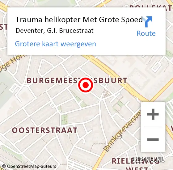 Locatie op kaart van de 112 melding: Trauma helikopter Met Grote Spoed Naar Deventer, G.I. Brucestraat op 22 april 2024 13:35