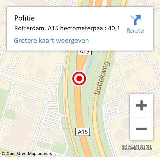 Locatie op kaart van de 112 melding: Politie Rotterdam, A15 hectometerpaal: 40,1 op 22 april 2024 16:05