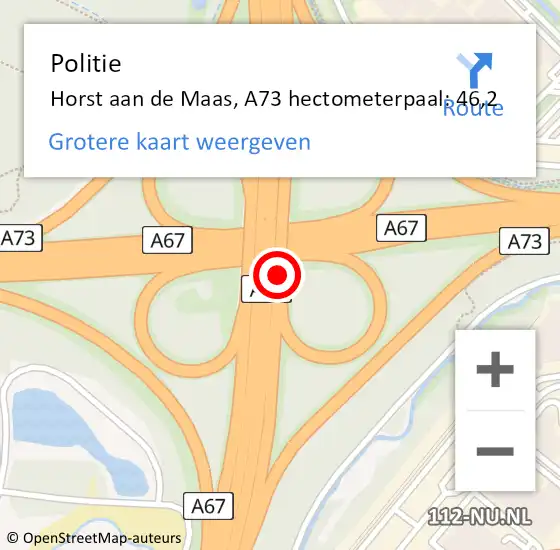 Locatie op kaart van de 112 melding: Politie Horst aan de Maas, A73 hectometerpaal: 46,2 op 22 april 2024 17:24