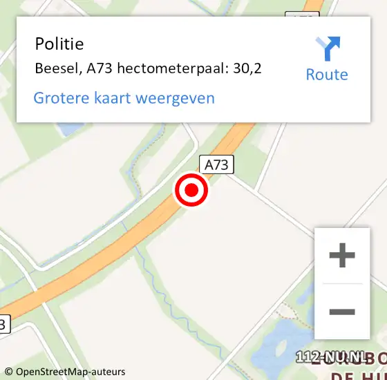 Locatie op kaart van de 112 melding: Politie Beesel, A73 hectometerpaal: 30,2 op 22 april 2024 18:00